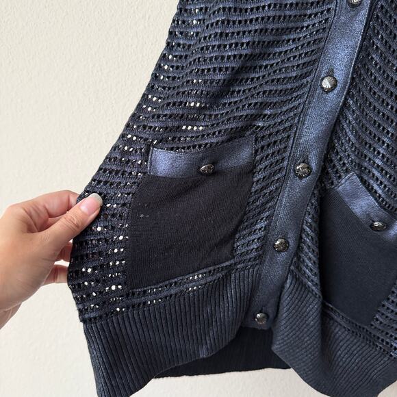 Cache Vintage Y2K Metallic Navy Open Knit Button Front Cardigan Size XL - Picture 4 of 7